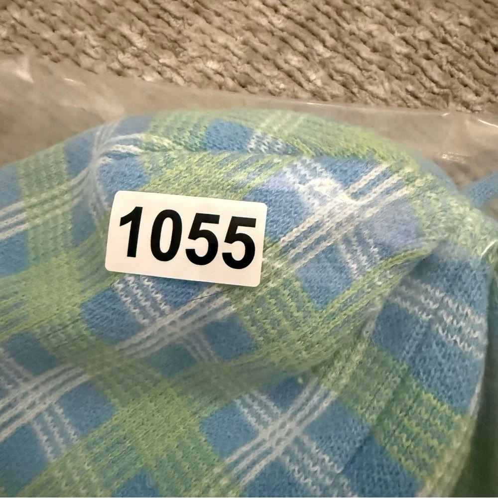L.L. Bean Kids Plaid Fleece Lined Beanie Hat Blue Green‎ Tassel Small